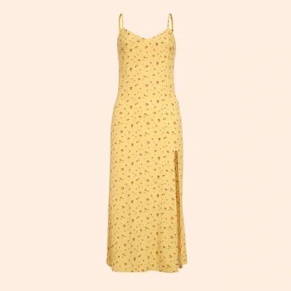 Reformation Crimini, Gwen Yellow Floral Print, Midi Slip Dress (8) Leg Slit - Picture 13 of 14